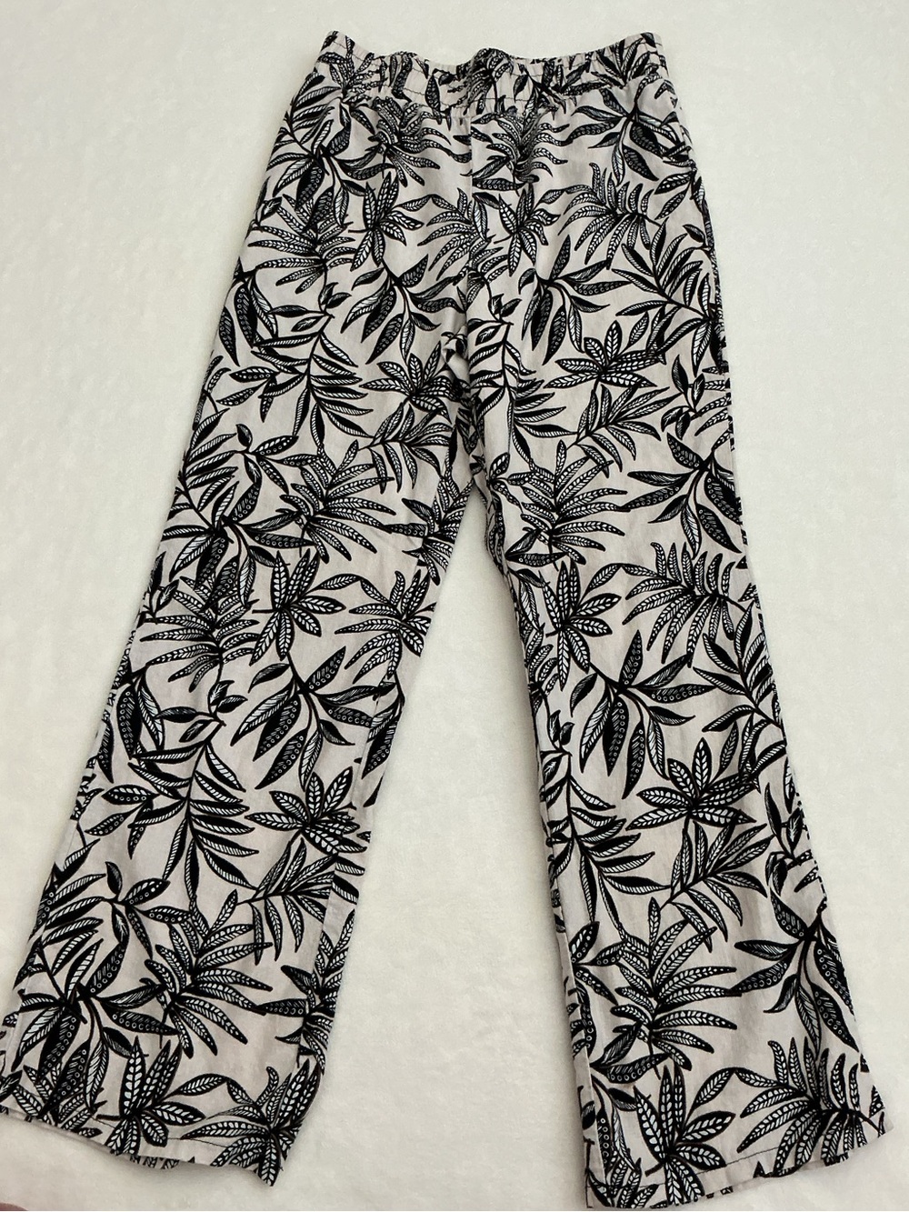 Messini Linen Wide Leg Pants Small Tropical Leaf Print Pull-On Rayon Linen Blend
